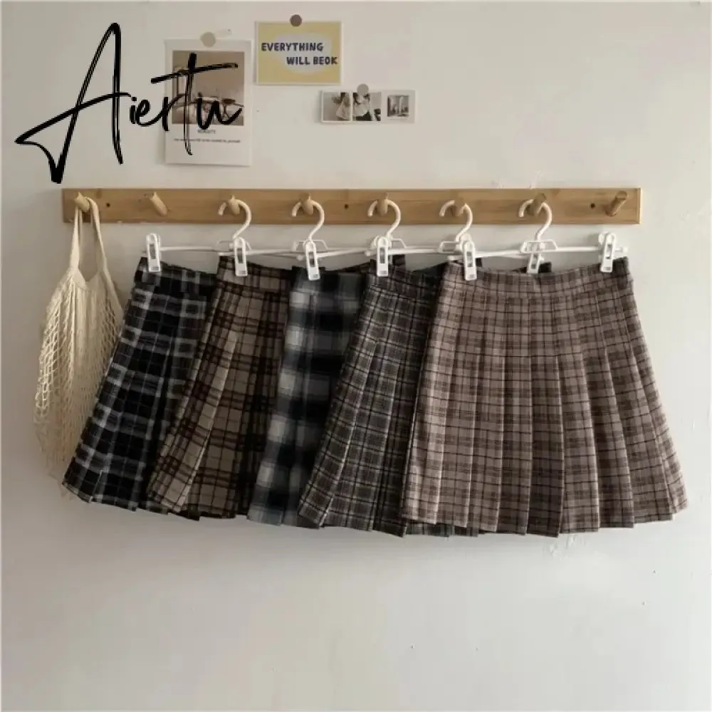 Korean Style Plaid Pleated Skirt Female Spring and Autumn High Waist Thin A-line Short Student Woolen  NewSummer Skirts