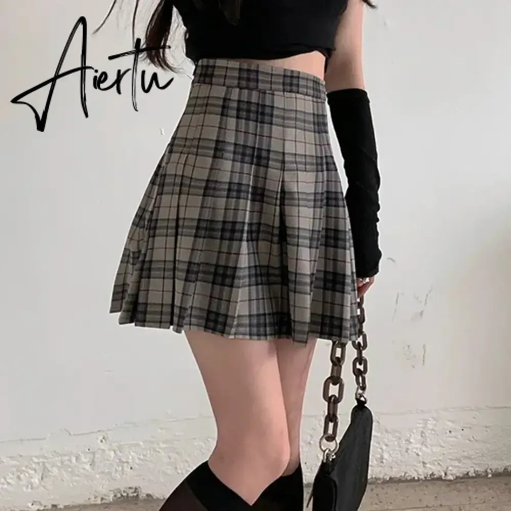 Korean Style Plaid Pleated Skirt Female Spring and Autumn High Waist Thin A-line Short Student Woolen  NewSummer Skirts