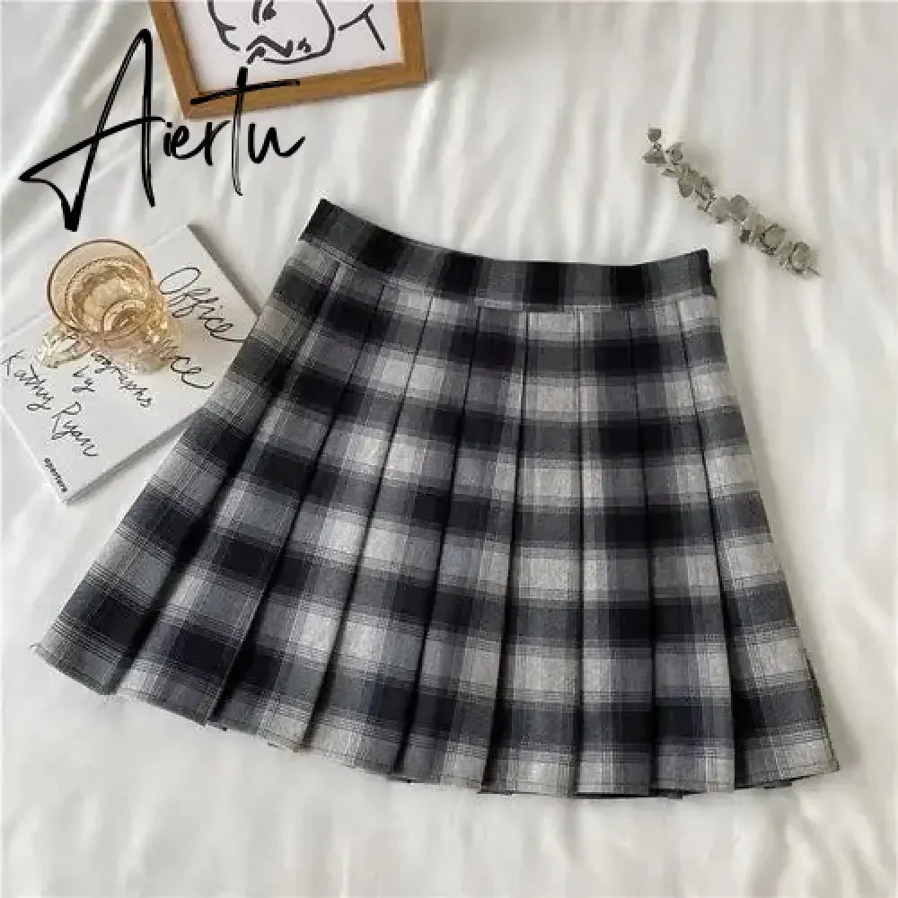 Korean Style Plaid Pleated Skirt Female Spring and Autumn High Waist Thin A-line Short Student Woolen  NewSummer Skirts