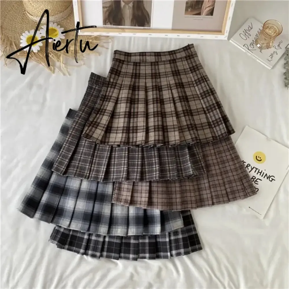 Korean Style Plaid Pleated Skirt Female Spring and Autumn High Waist Thin A-line Short Student Woolen  NewSummer Skirts