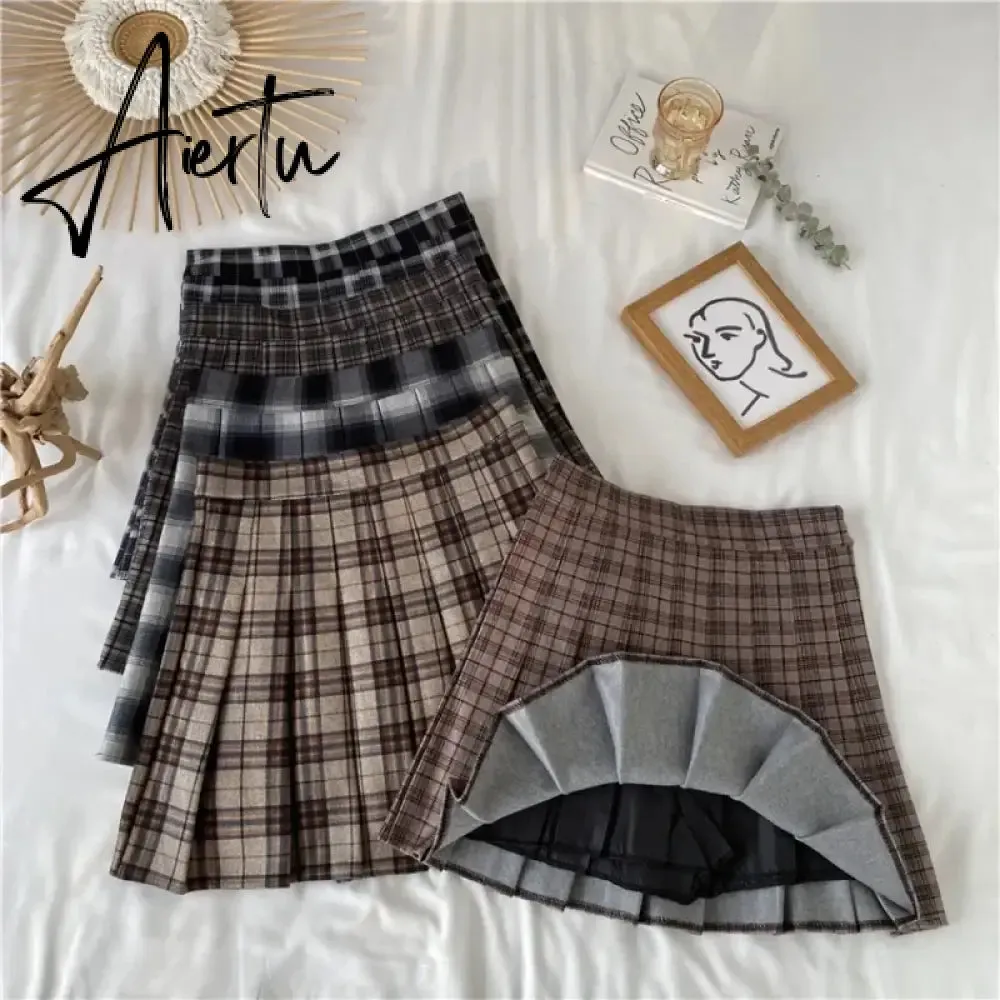 Korean Style Plaid Pleated Skirt Female Spring and Autumn High Waist Thin A-line Short Student Woolen  NewSummer Skirts