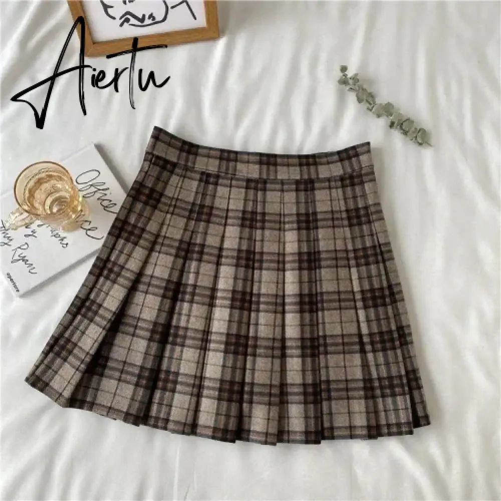 Korean Style Plaid Pleated Skirt Female Spring and Autumn High Waist Thin A-line Short Student Woolen  NewSummer Skirts