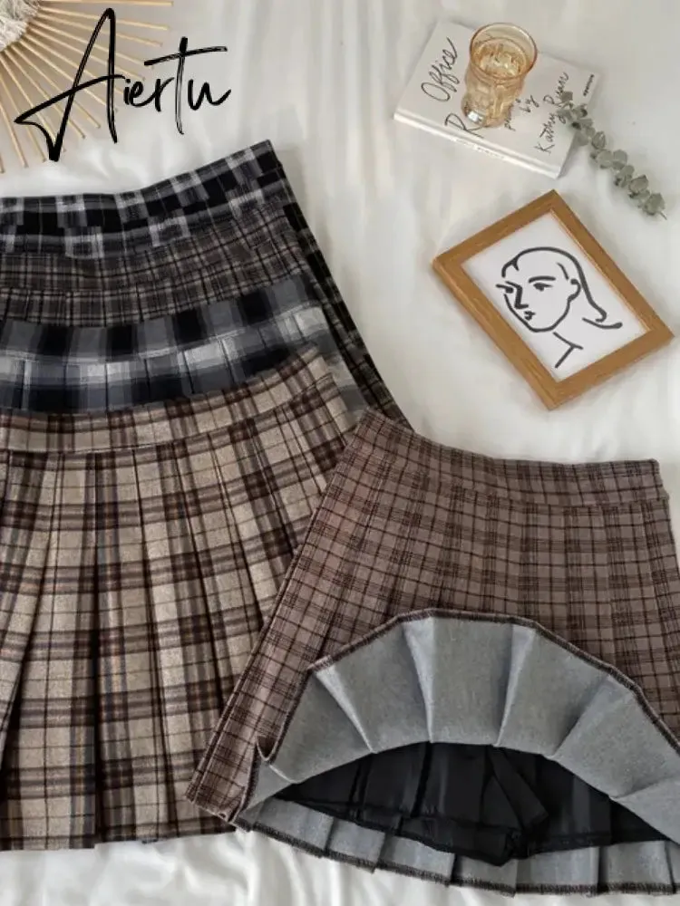 Korean Style Plaid Pleated Skirt Female Spring and Autumn High Waist Thin A-line Short Student Woolen  NewSummer Skirts