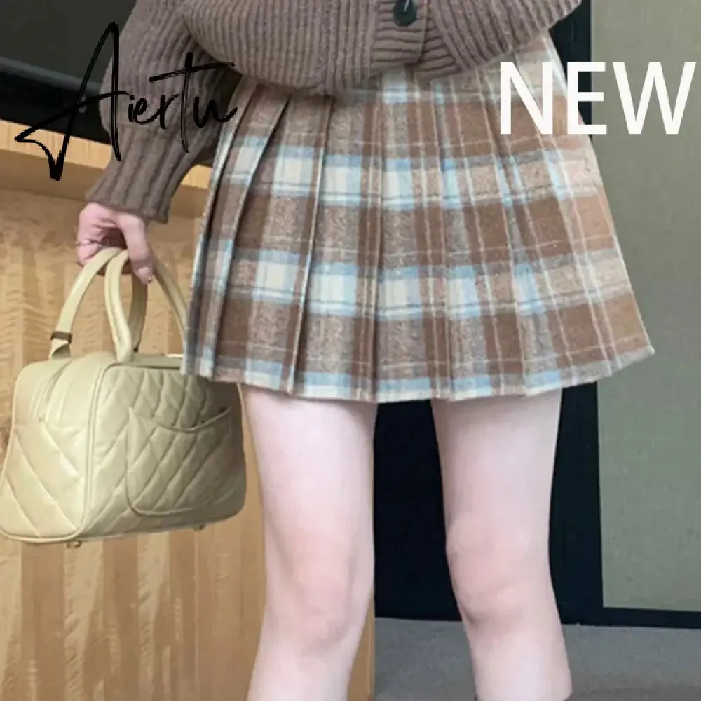 Korean Style Plaid Pleated Skirt Female Spring and Autumn High Waist Thin A-line Short Student Woolen  NewSummer Skirts