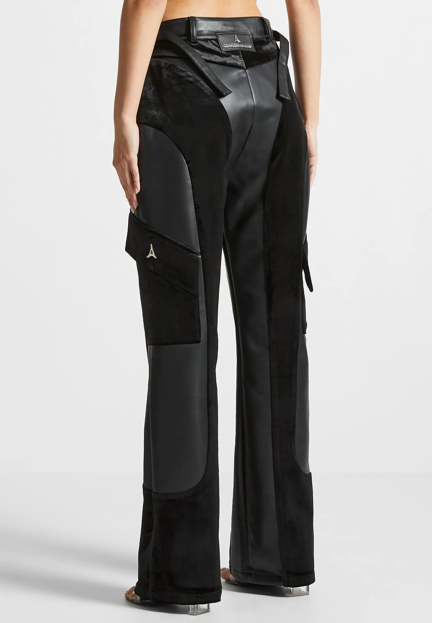 Leather and Velvet Cargo Pants - Black