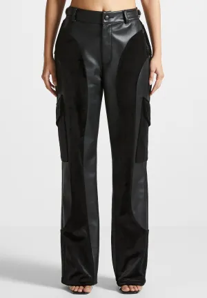 Leather and Velvet Cargo Pants - Black