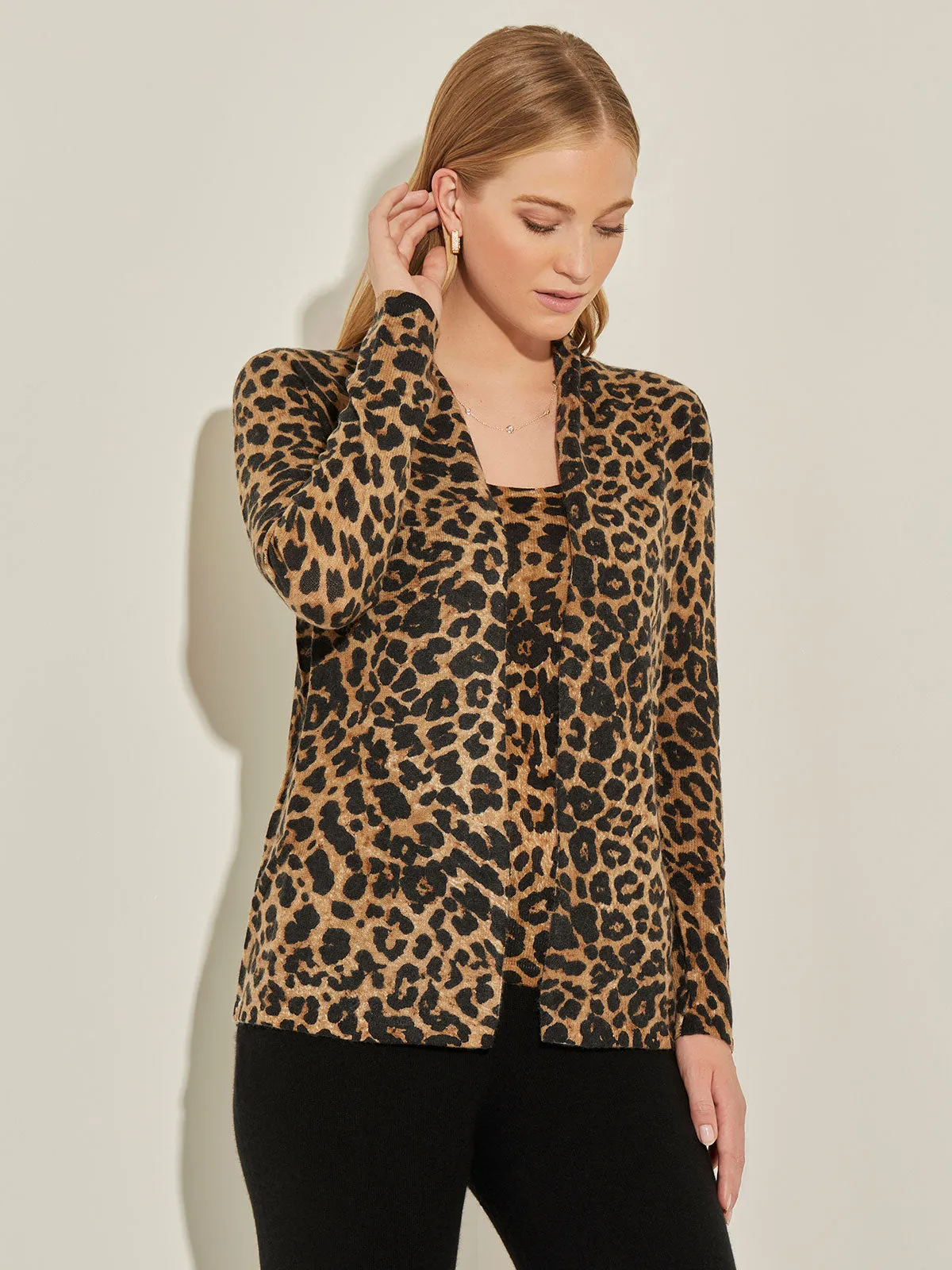 Leopard Print Open Front Cashmere Cardigan