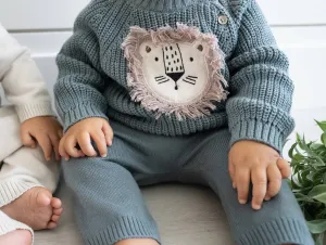 Lion Applique Baby Pullover Sweater Knit (Organic Cotton): Teal Blue