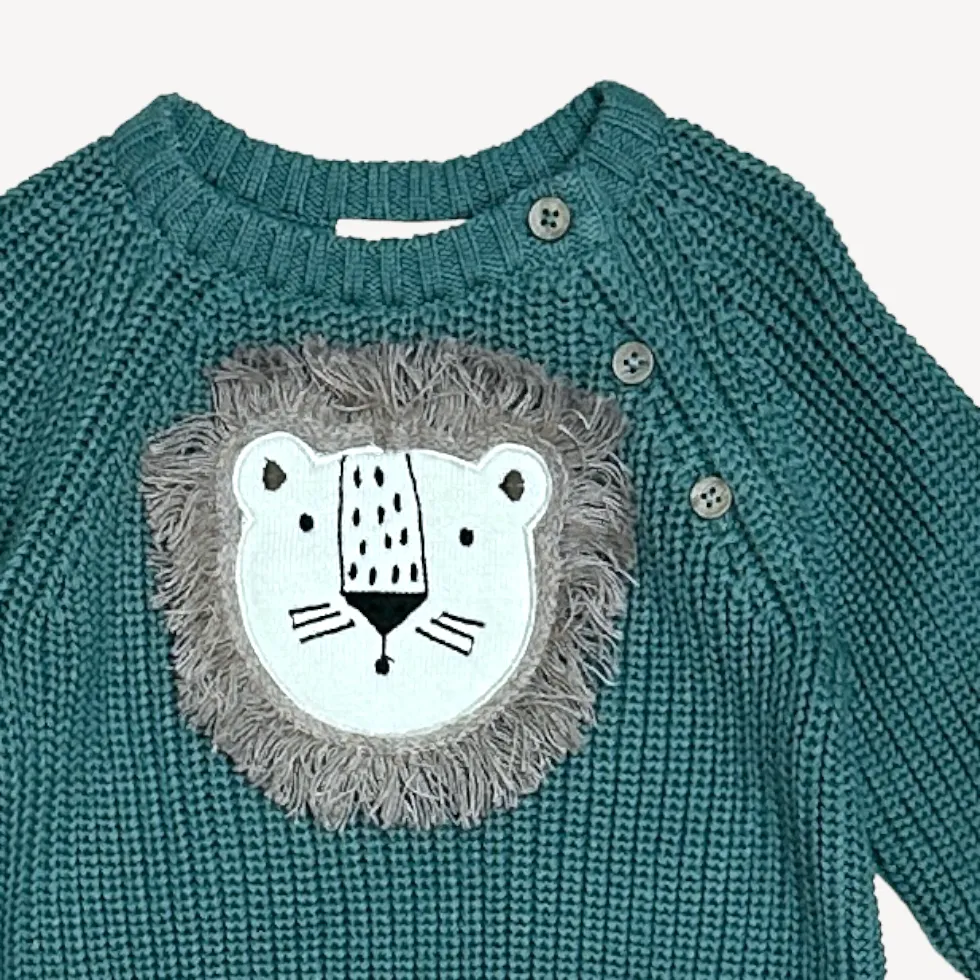 Lion Applique Baby Pullover Sweater Knit (Organic Cotton): Teal Blue