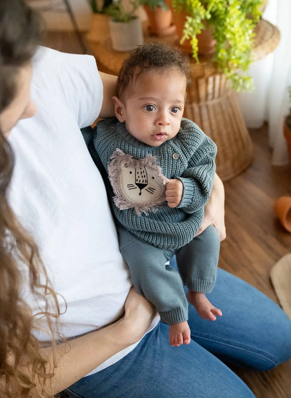 Lion Applique Baby Pullover Sweater Knit (Organic Cotton): Teal Blue