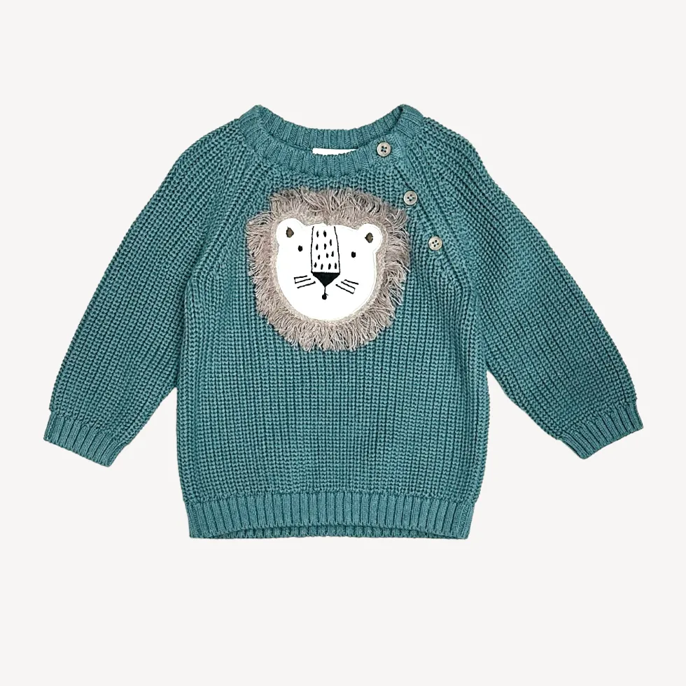 Lion Applique Baby Pullover Sweater Knit (Organic Cotton): Teal Blue