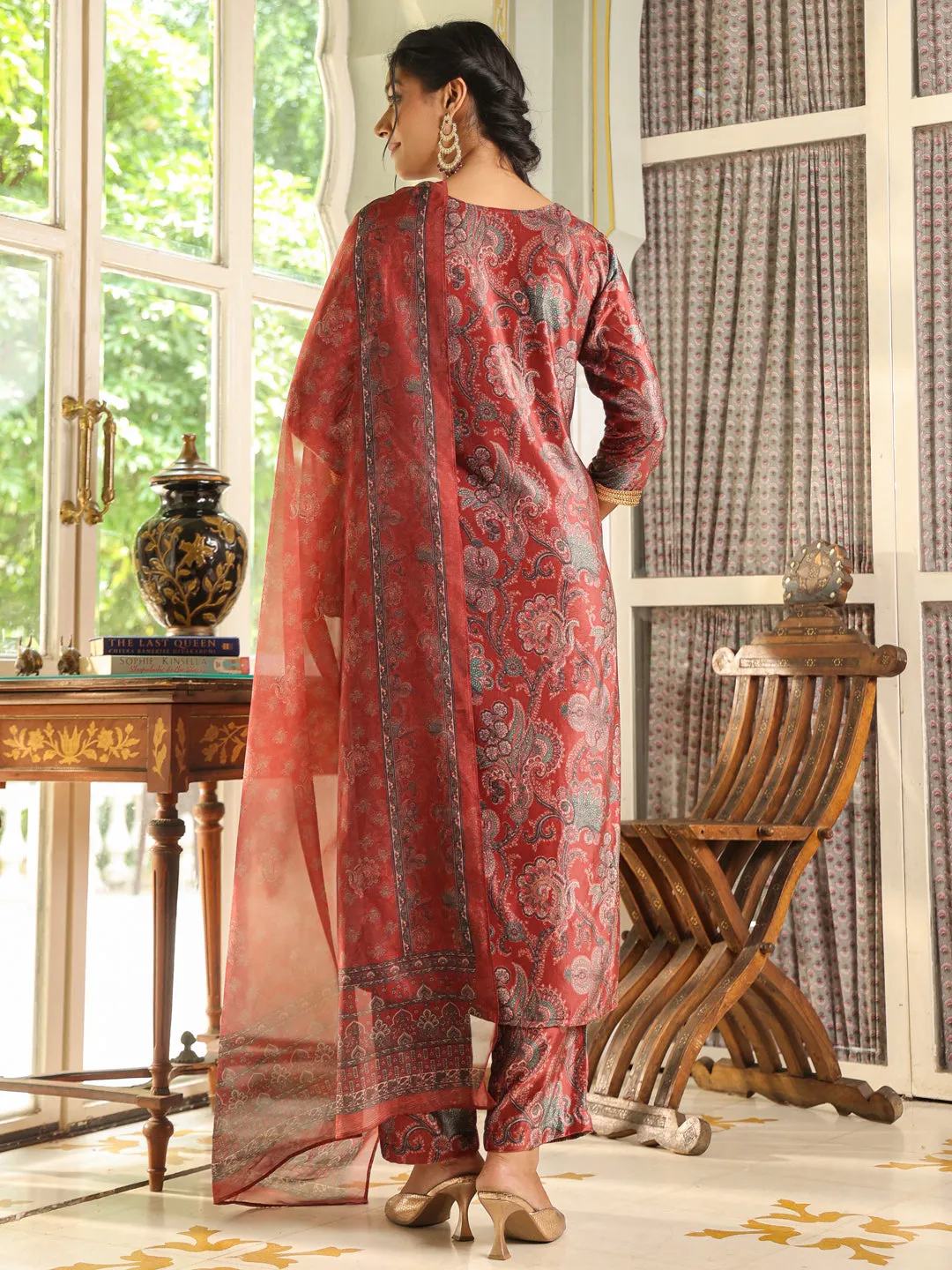 Maroon Velvet Ethnic Floral Printed Straight Kurta Set