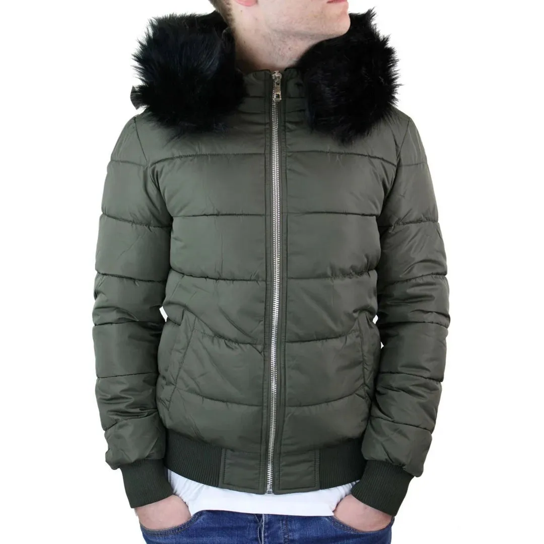 Men's Bomber Puffer Jacket Quilted Warm Winter Removable Fur Hood Pilot