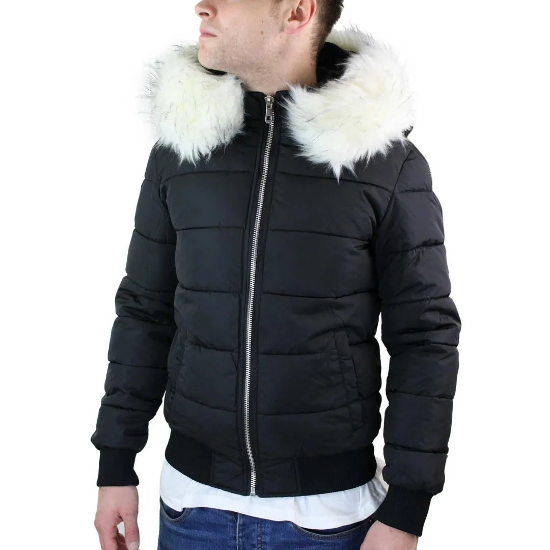 Men's Bomber Puffer Jacket Quilted Warm Winter Removable Fur Hood Pilot