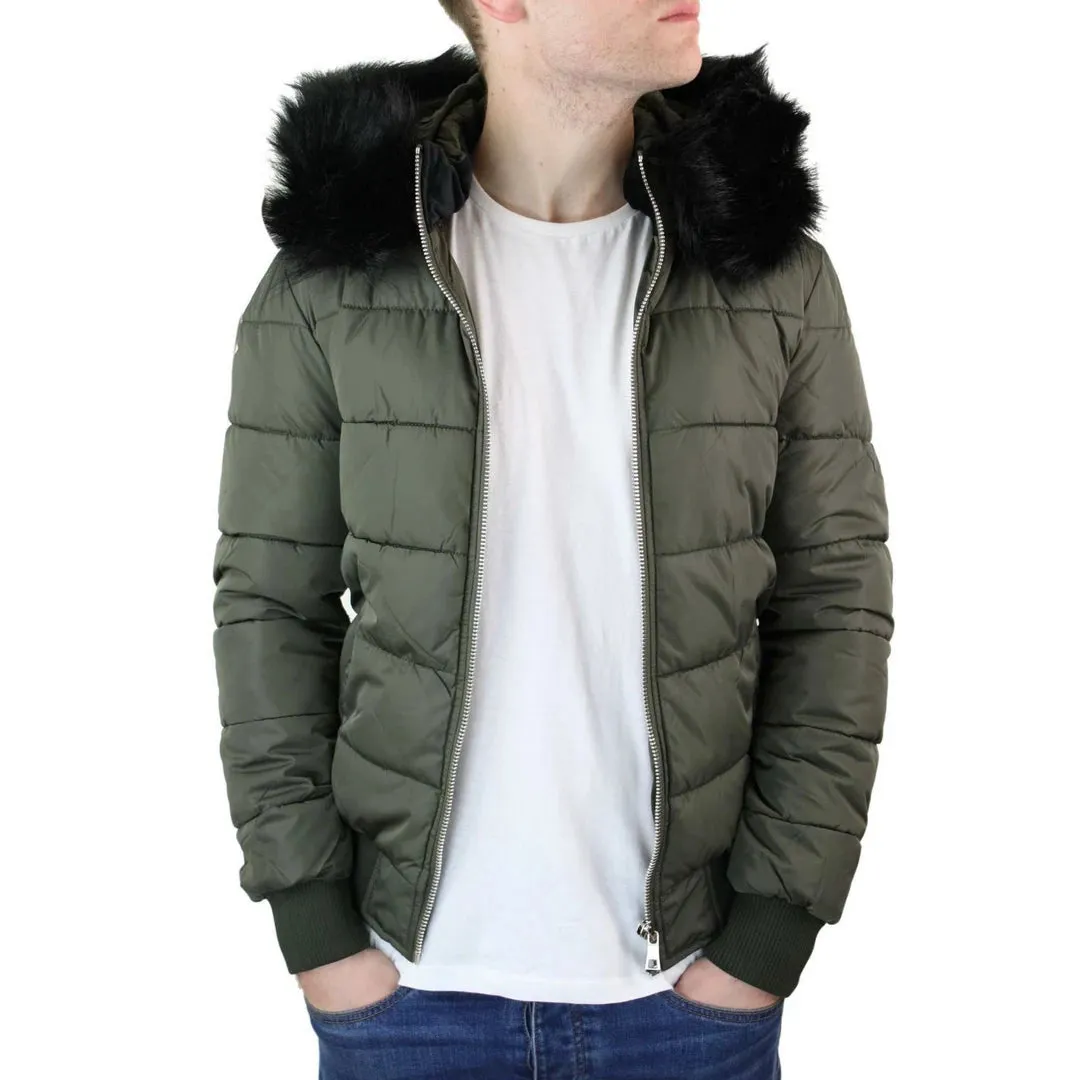 Men's Bomber Puffer Jacket Quilted Warm Winter Removable Fur Hood Pilot