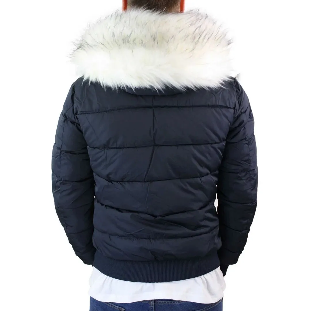 Men's Bomber Puffer Jacket Quilted Warm Winter Removable Fur Hood Pilot