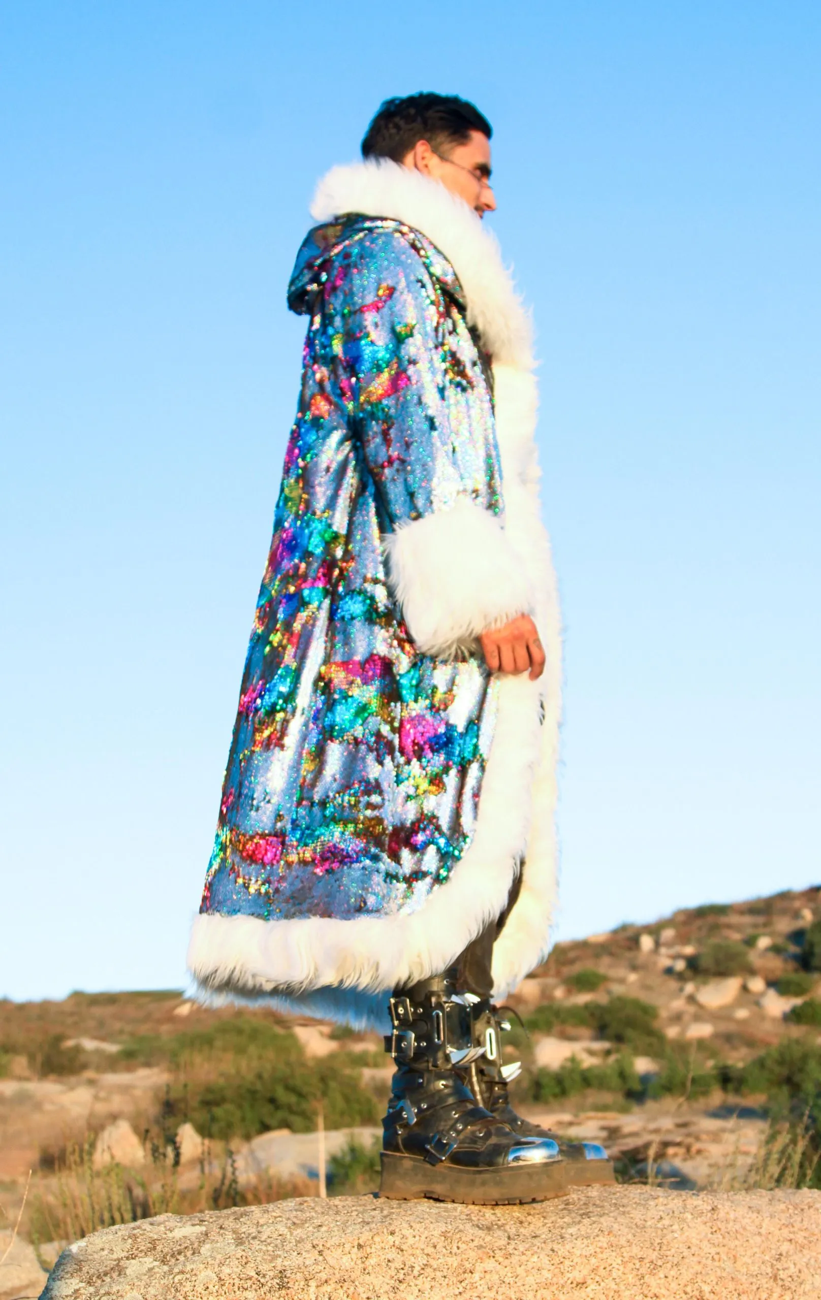 Men's Sequin King Coat in "Silver Hologram-Rainbow"