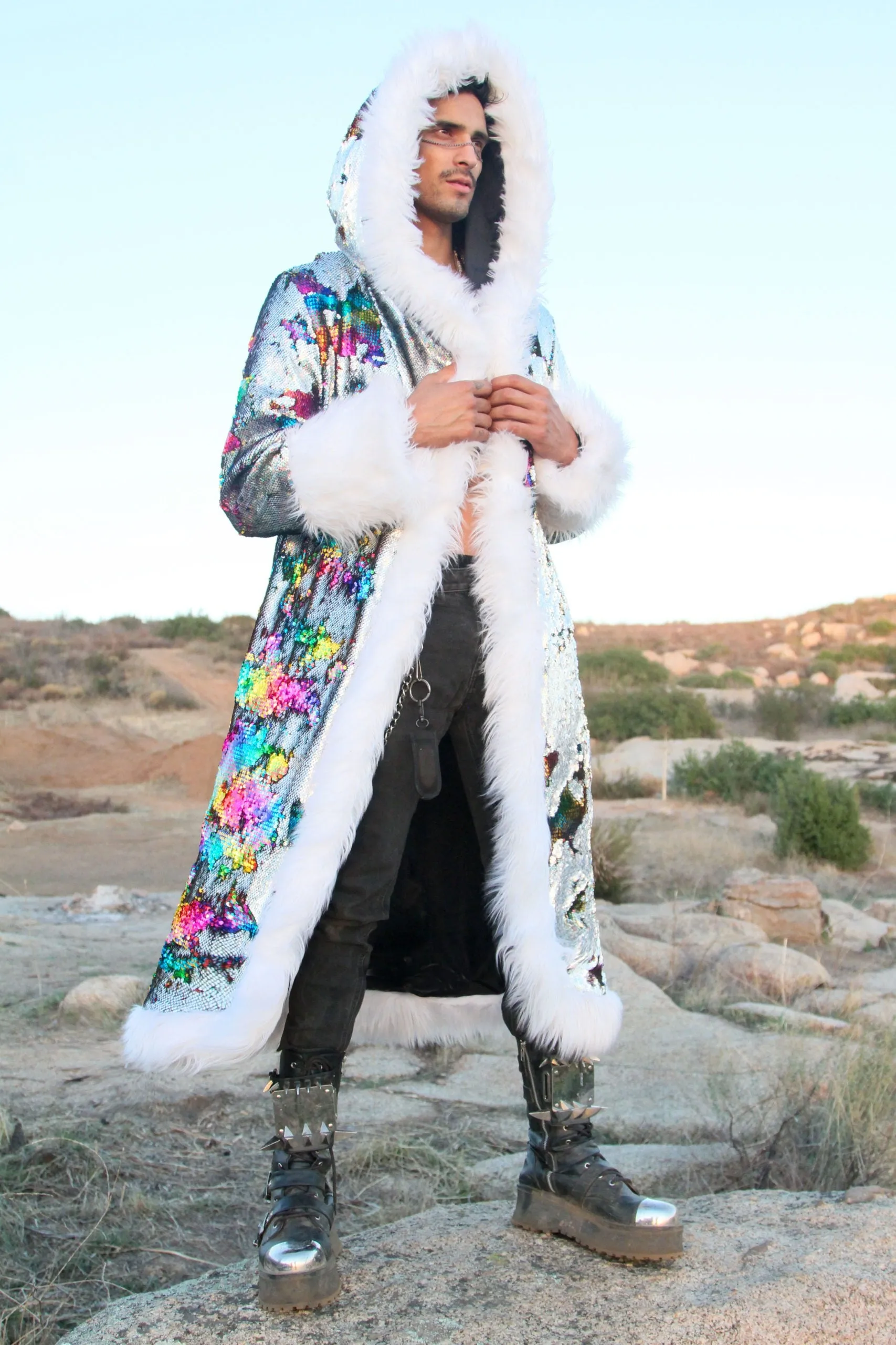 Men's Sequin King Coat in "Silver Hologram-Rainbow"