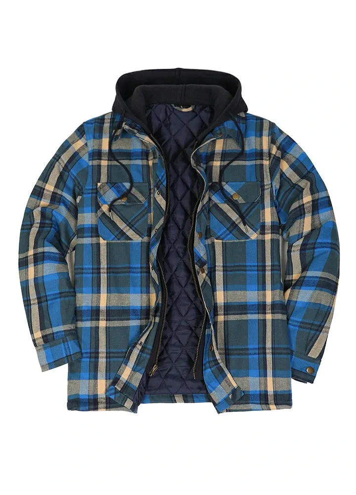 Men's Thicken Plaid Hooded Flannel Shirt Jacket with Quilted Lined