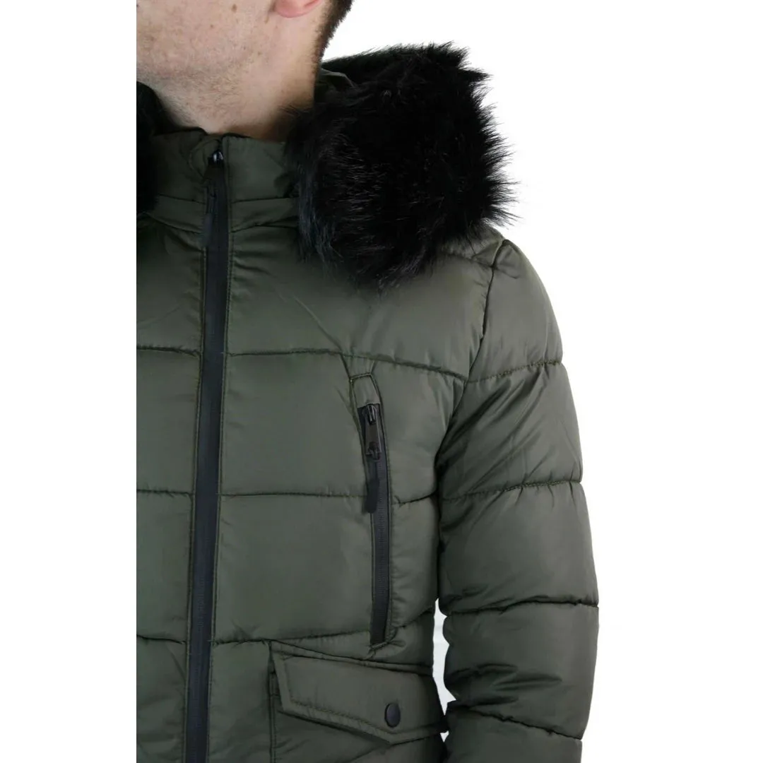 Men's Zip Hooded Fur Jacket Coat Puffer Quilted Warm Winter