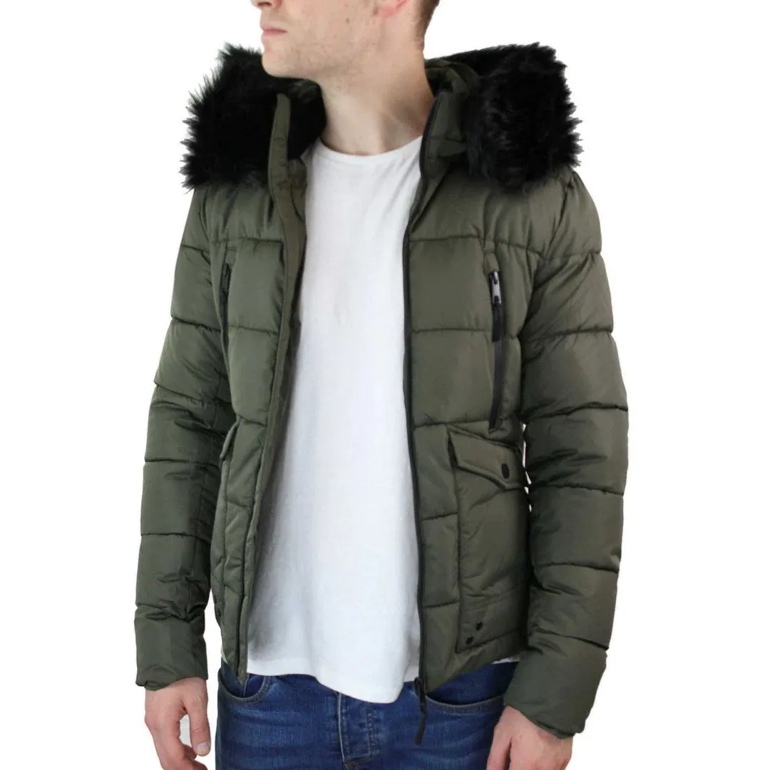 Men's Zip Hooded Fur Jacket Coat Puffer Quilted Warm Winter