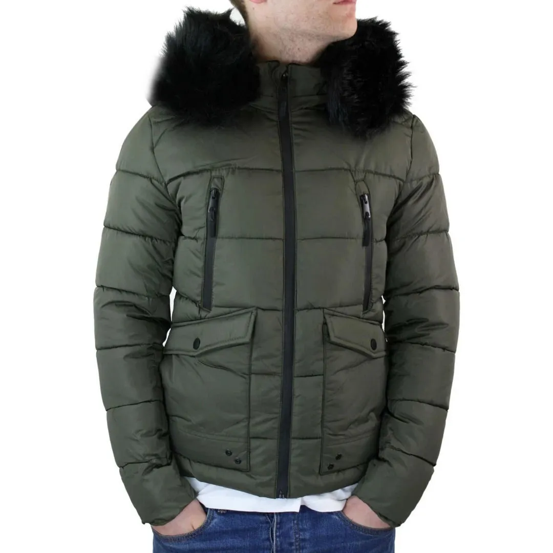 Men's Zip Hooded Fur Jacket Coat Puffer Quilted Warm Winter