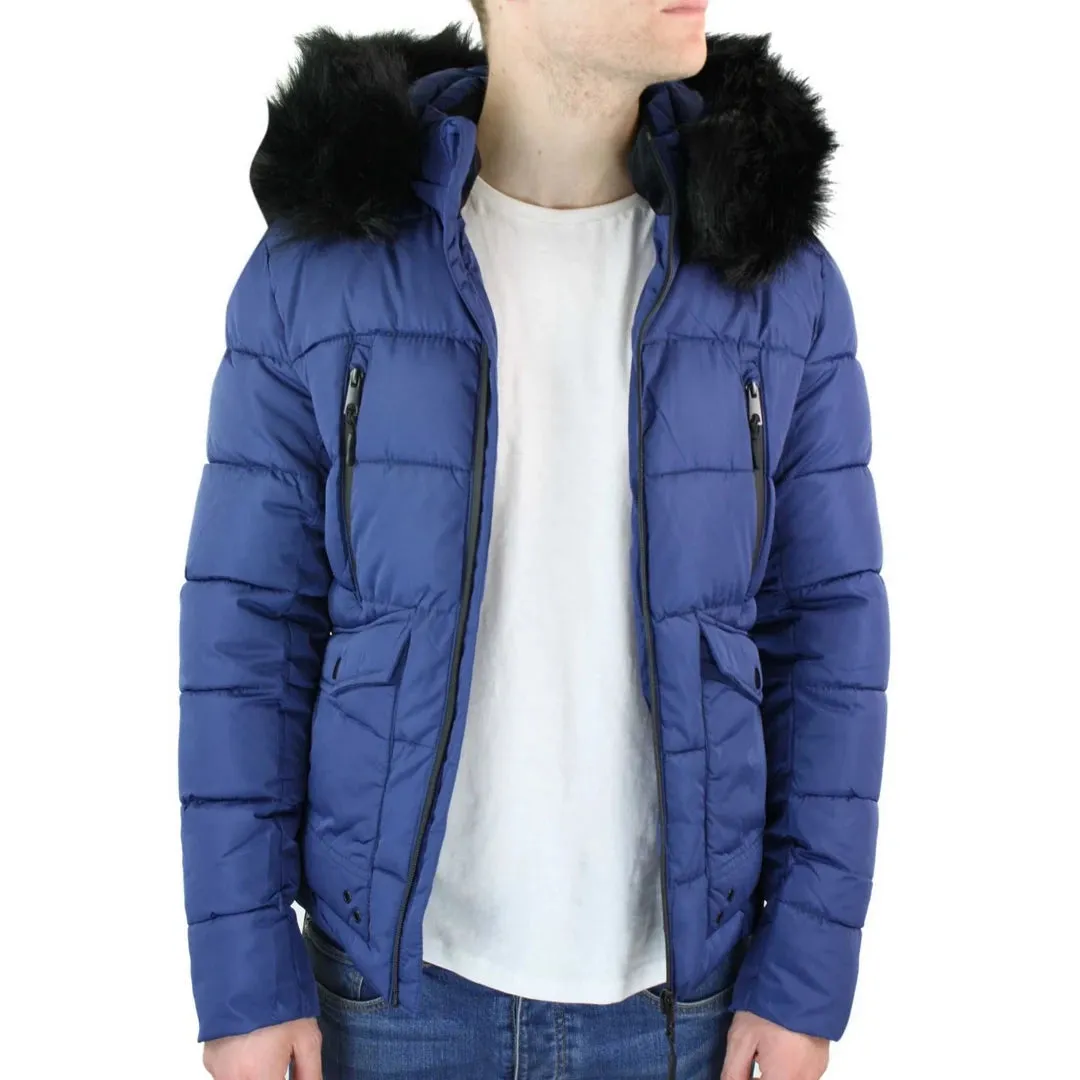 Men's Zip Hooded Fur Jacket Coat Puffer Quilted Warm Winter