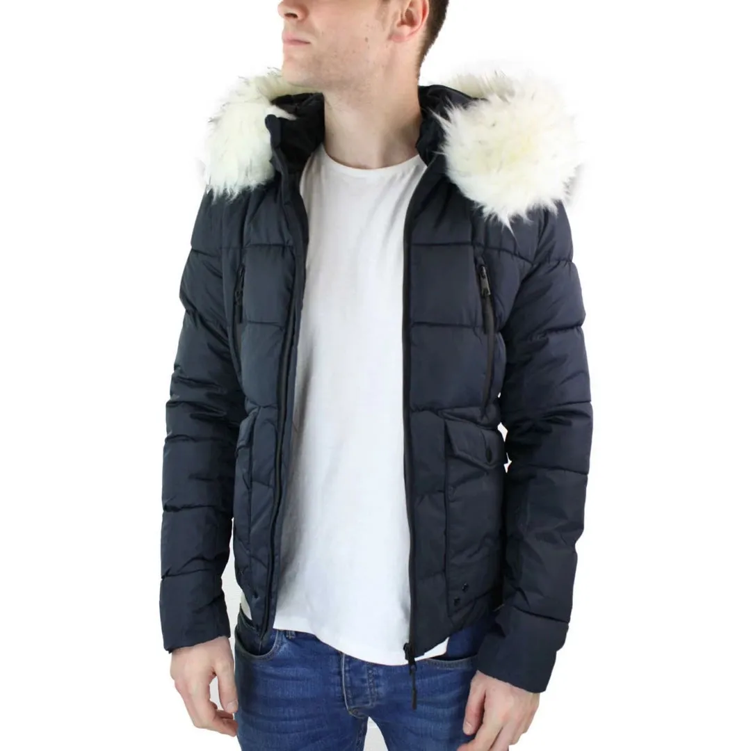 Men's Zip Hooded Fur Jacket Coat Puffer Quilted Warm Winter