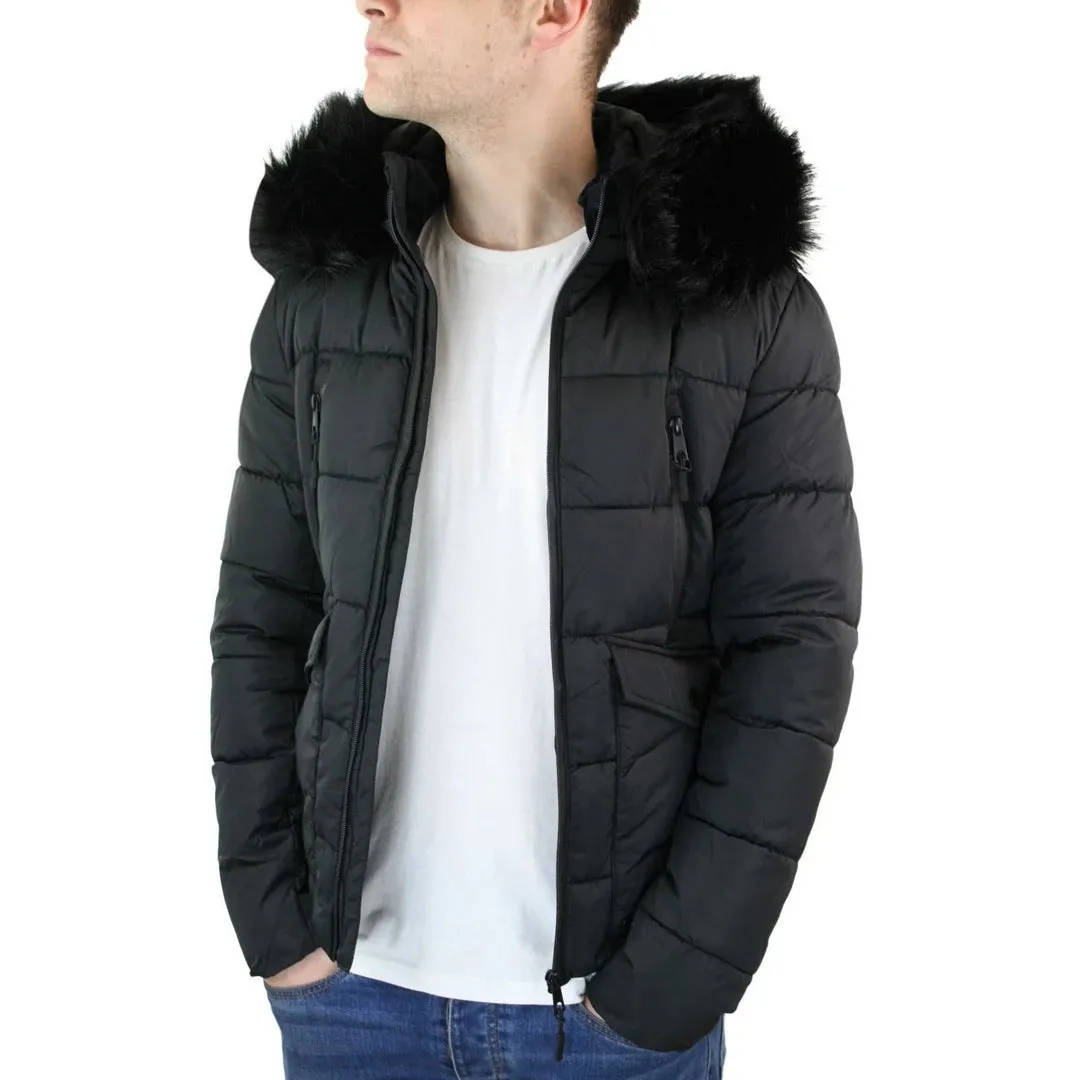 Men's Zip Hooded Fur Jacket Coat Puffer Quilted Warm Winter