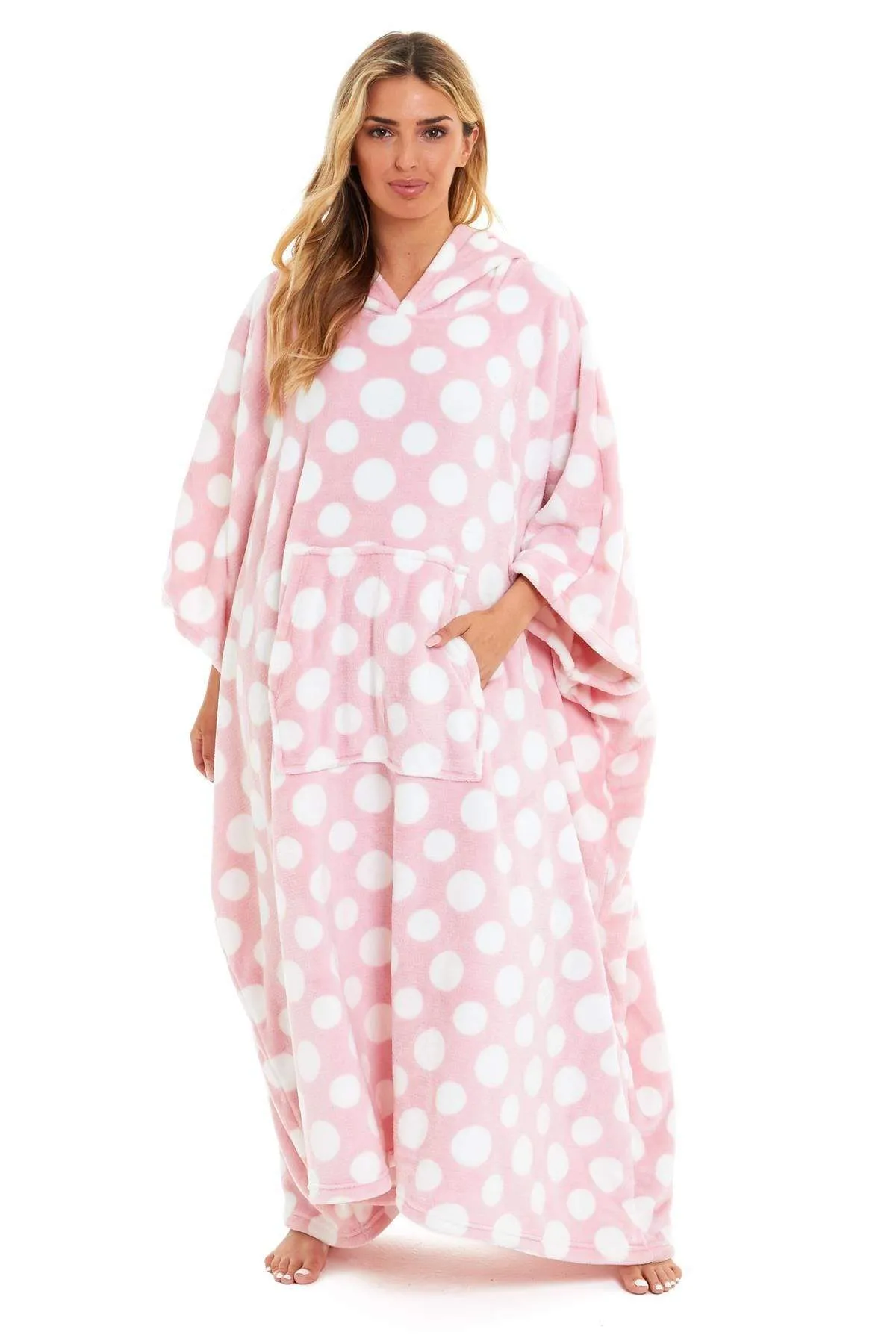 Oversized Hooded Fleece Poncho Blanket with Stars and Polka Dots Plush Wearable Blanket with Front Pocket for Adults Indoor Outdoor by Daisy Dreamer