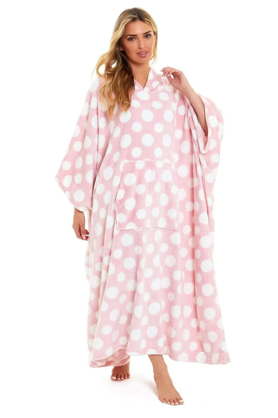 Oversized Hooded Fleece Poncho Blanket with Stars and Polka Dots Plush Wearable Blanket with Front Pocket for Adults Indoor Outdoor by Daisy Dreamer