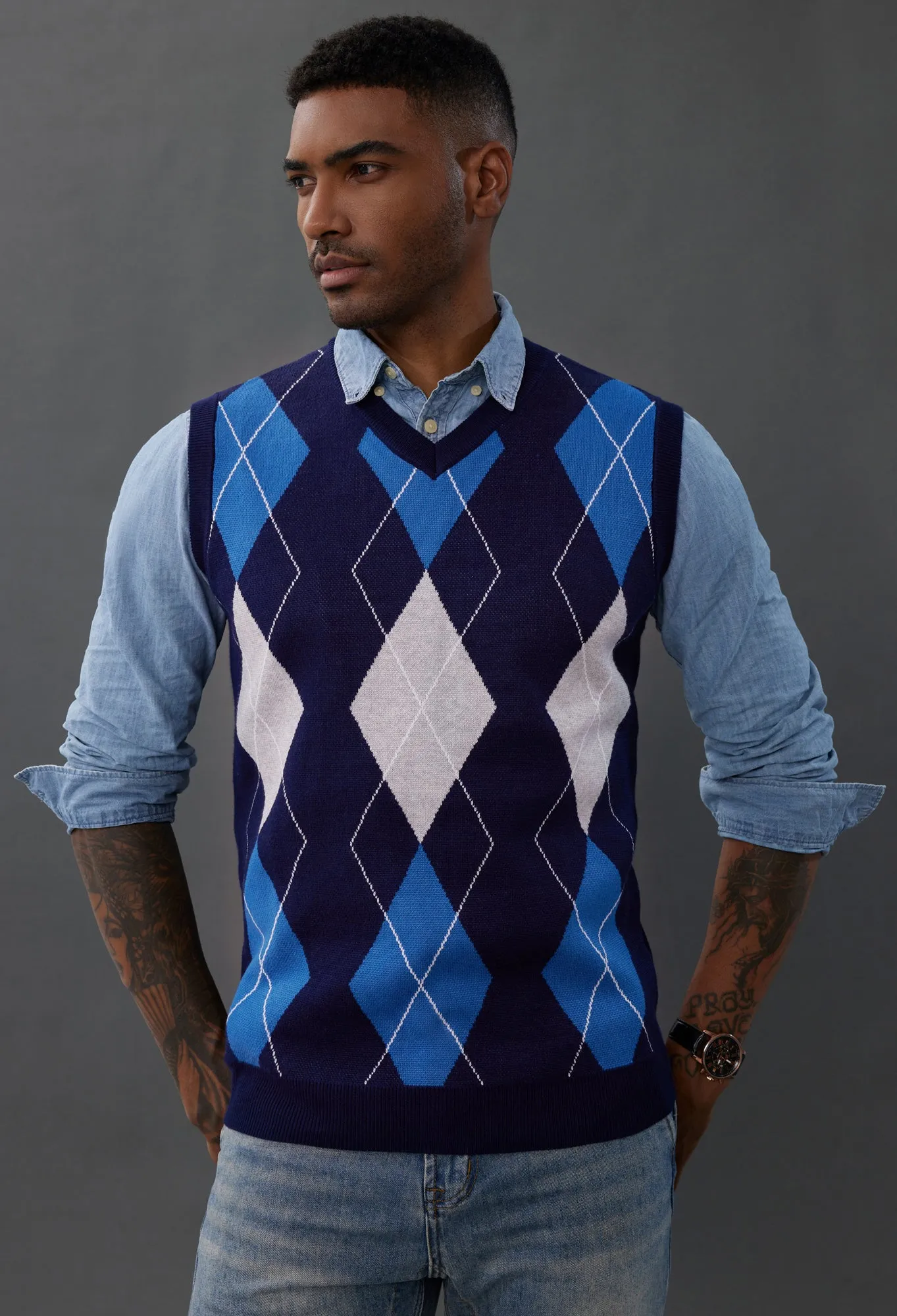 Pj Paul Jones Men's Soft Argyle Sweater Vest Slim Fit V-Neck Knitted Pullover Vest