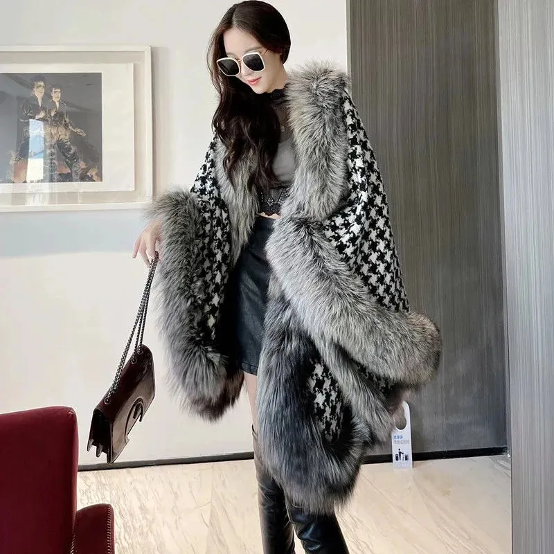 Poncho Warm Houndstooth Knitted Cloak With Fur Trim Faux Silver Fox Fur Cape