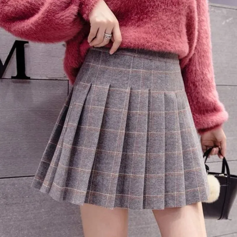 Purpdrank throwback thursday outfits spirit week Woolen Short Skirt Plaid A- line Skirt Women's Autumn and Winter Elastic Korean Style Skirt High Waist Slimming Pleated Skirt