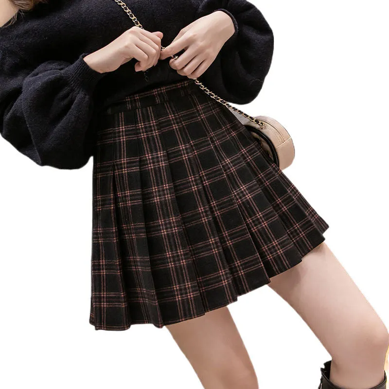 Purpdrank throwback thursday outfits spirit week Woolen Short Skirt Plaid A- line Skirt Women's Autumn and Winter Elastic Korean Style Skirt High Waist Slimming Pleated Skirt