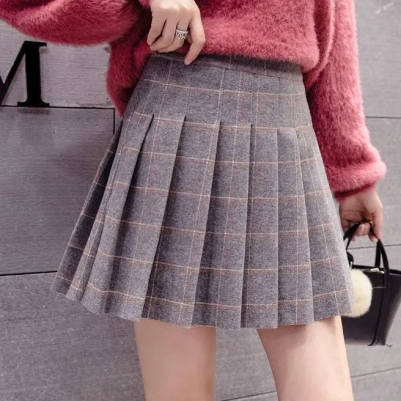 Purpdrank throwback thursday outfits spirit week Woolen Short Skirt Plaid A- line Skirt Women's Autumn and Winter Elastic Korean Style Skirt High Waist Slimming Pleated Skirt