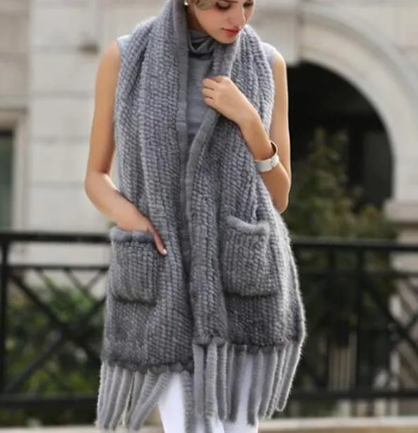 Real Mink Fur Long Warm Natural Knitted Mink Fur Cape Scarf