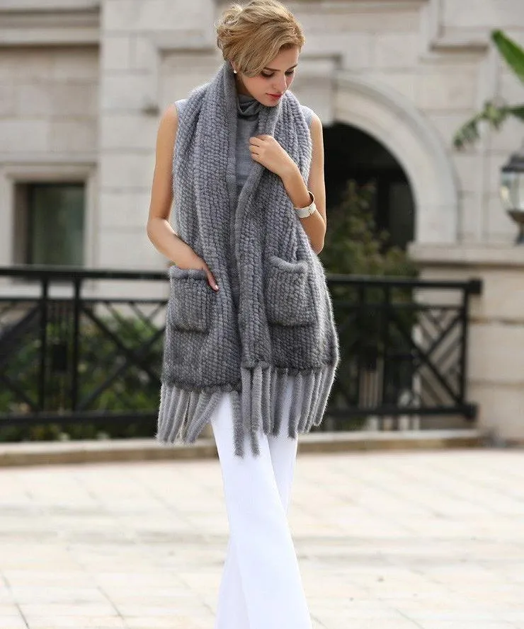 Real Mink Fur Long Warm Natural Knitted Mink Fur Cape Scarf