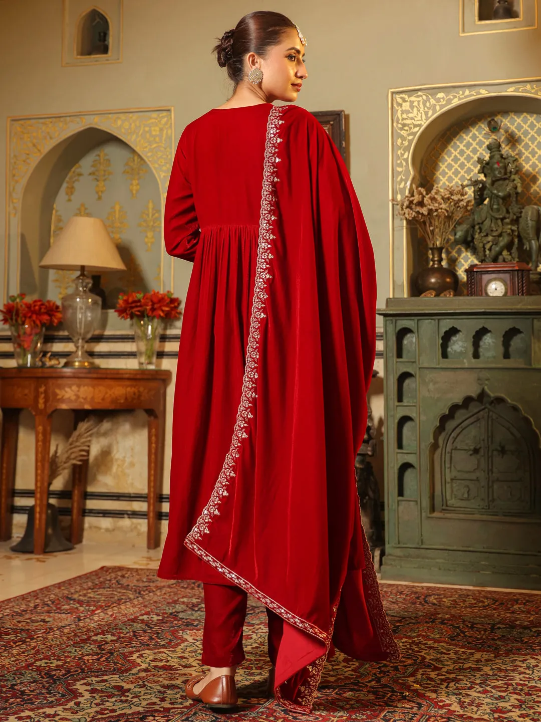 Red Velvet Zari Embroidered A-Line Kurta with Pant & Dupatta Set