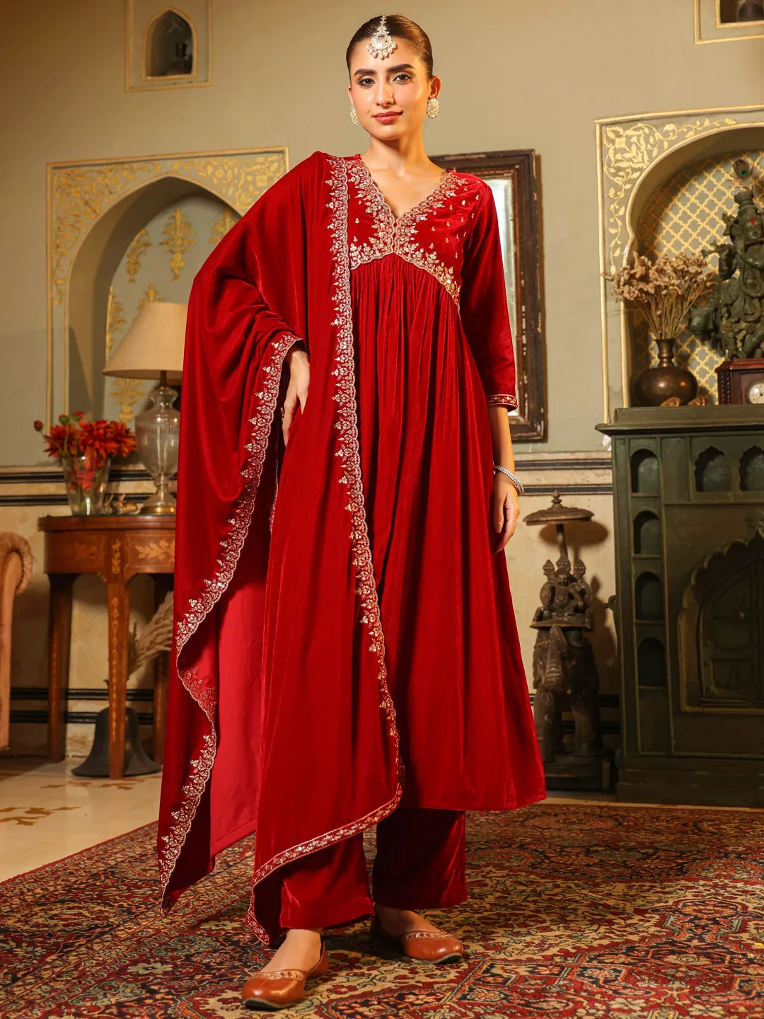 Red Velvet Zari Embroidered A-Line Kurta with Pant & Dupatta Set