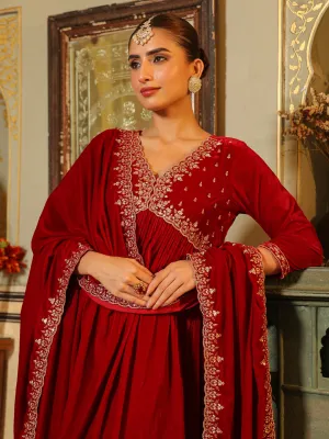 Red Velvet Zari Embroidered A-Line Kurta with Pant & Dupatta Set