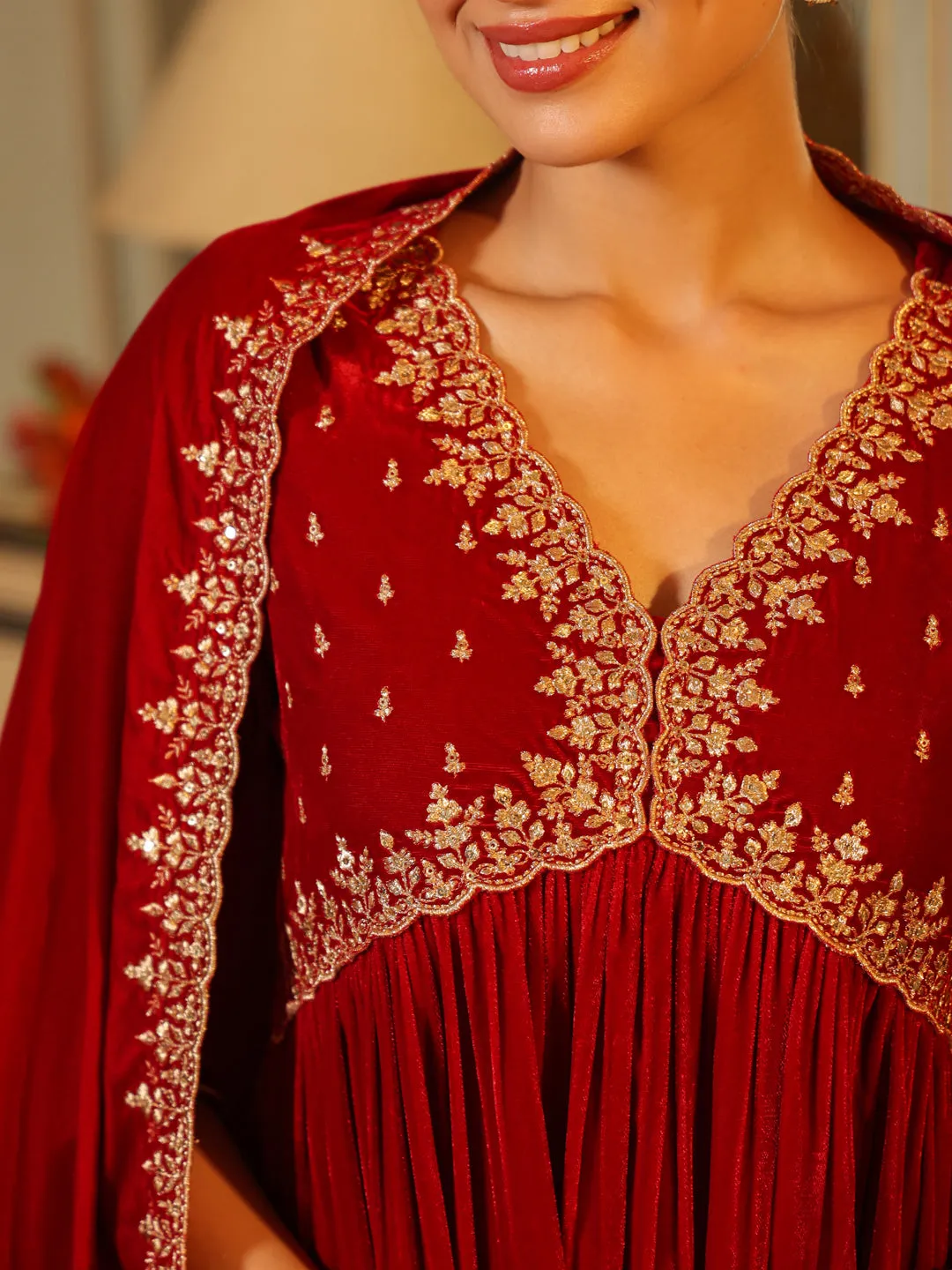 Red Velvet Zari Embroidered A-Line Kurta with Pant & Dupatta Set