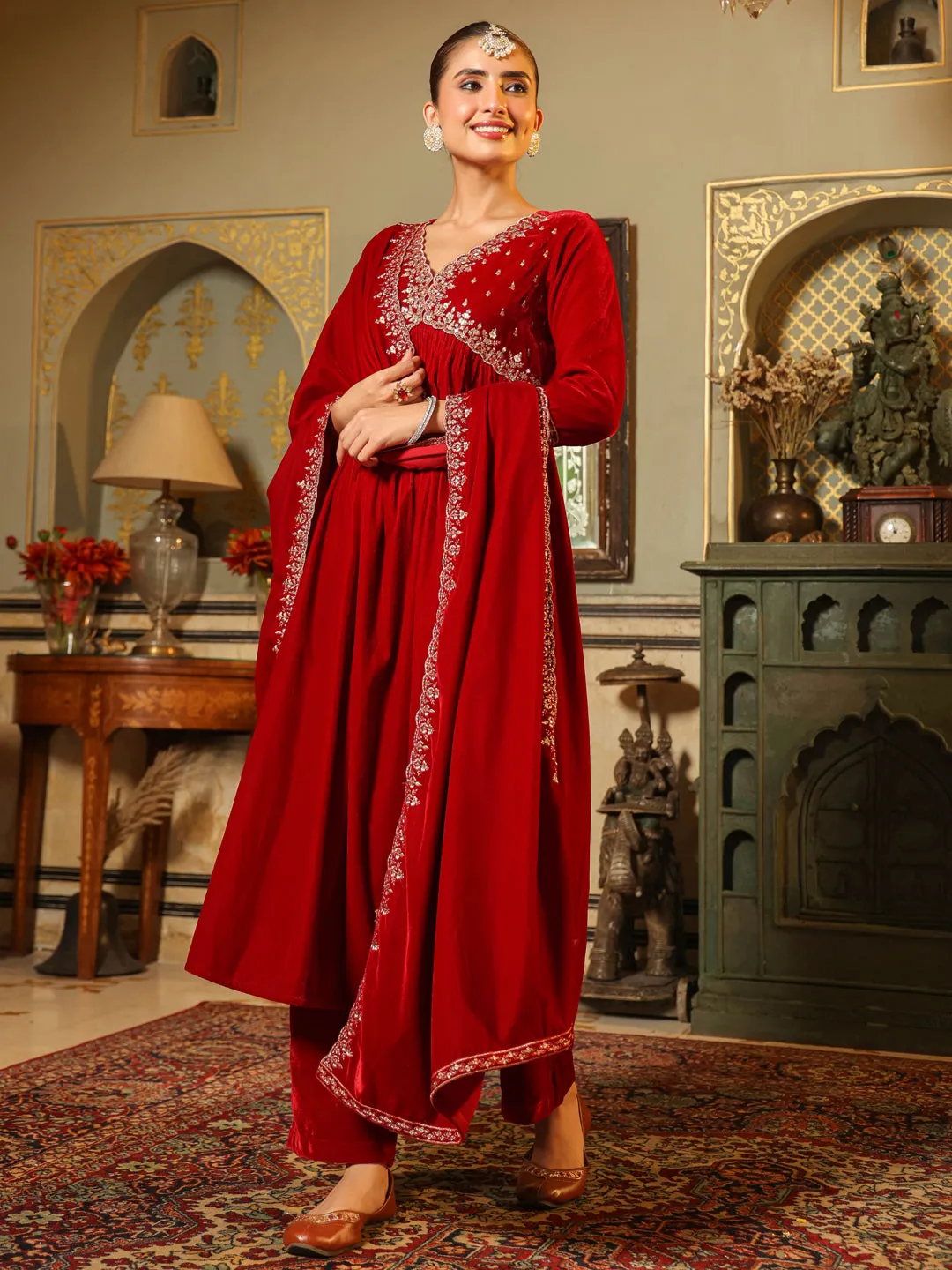 Red Velvet Zari Embroidered A-Line Kurta with Pant & Dupatta Set