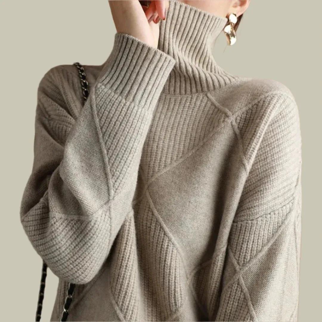 Ribbed Turtleneck Sweater – Geometric Knit Pattern for Casual Elegance