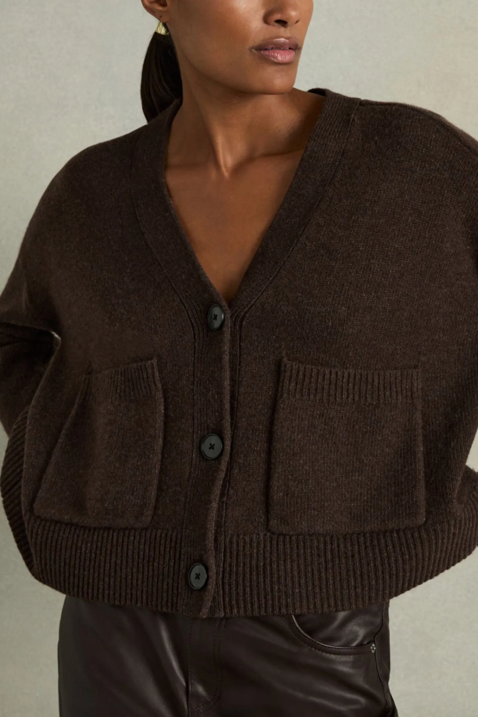 Rosie Wool-Cashmere Patch-Pocket Cardigan in Chocolate