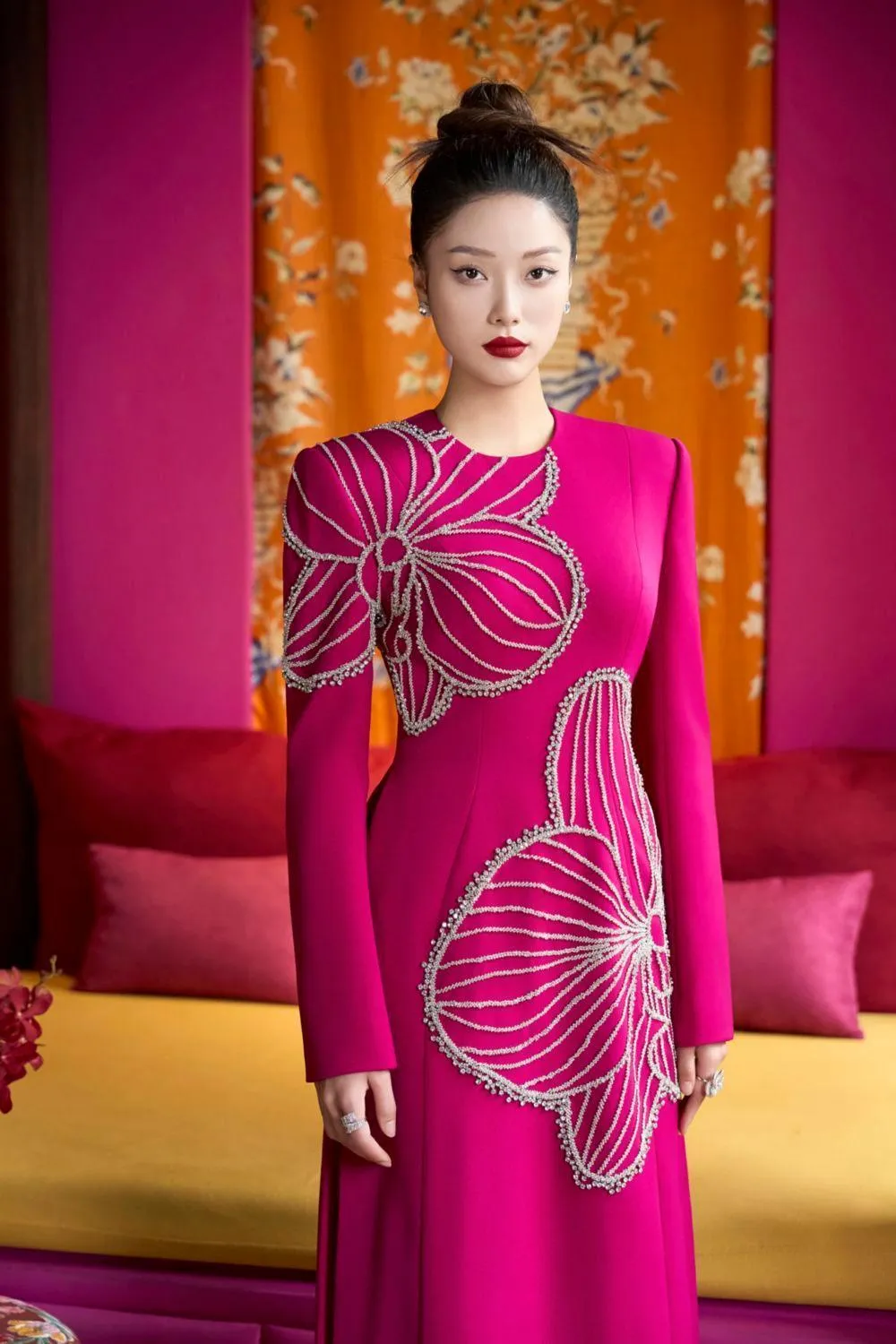 Shimmer A-line Round Neck Velvet Satin Floor Length Ao Dai