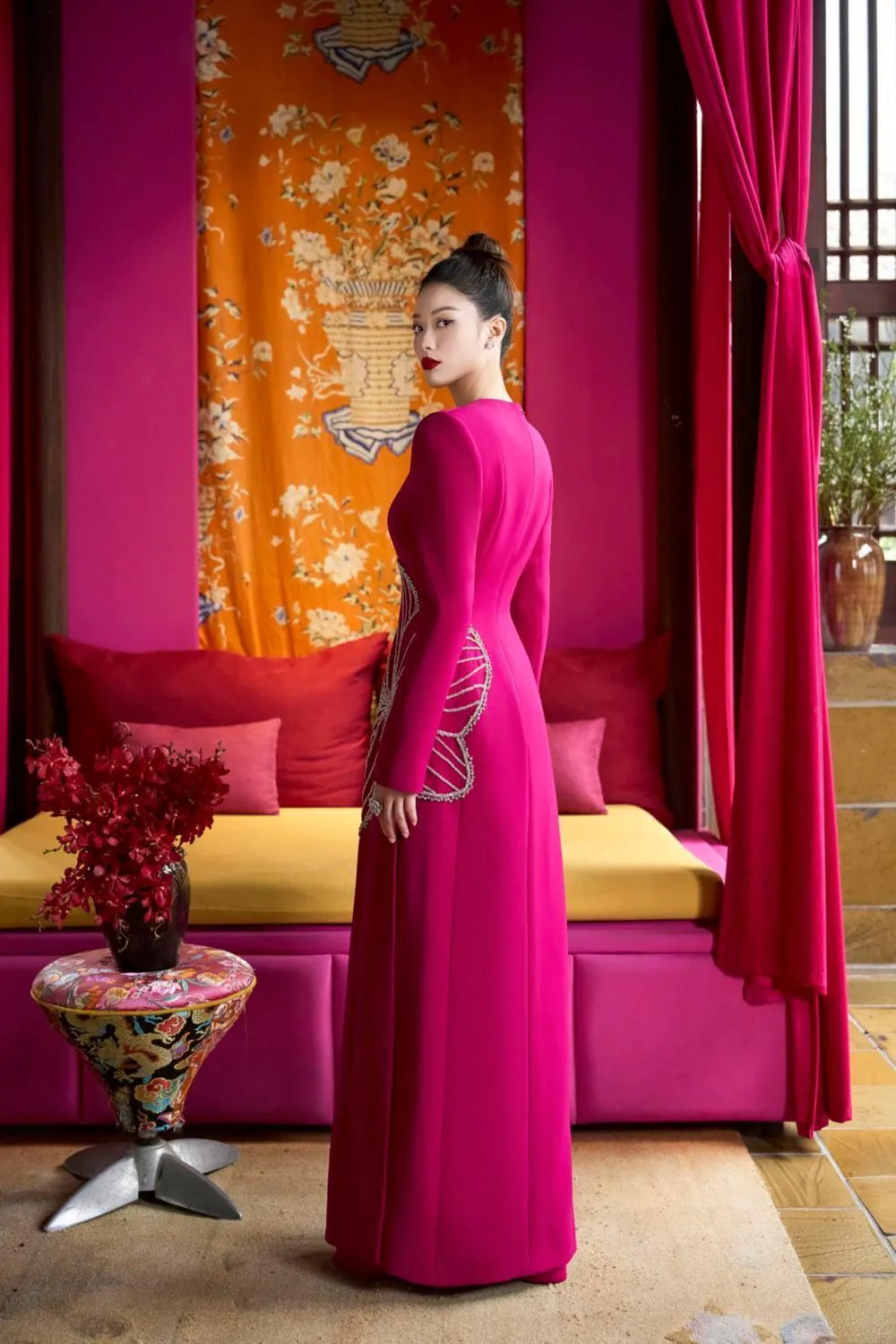 Shimmer A-line Round Neck Velvet Satin Floor Length Ao Dai