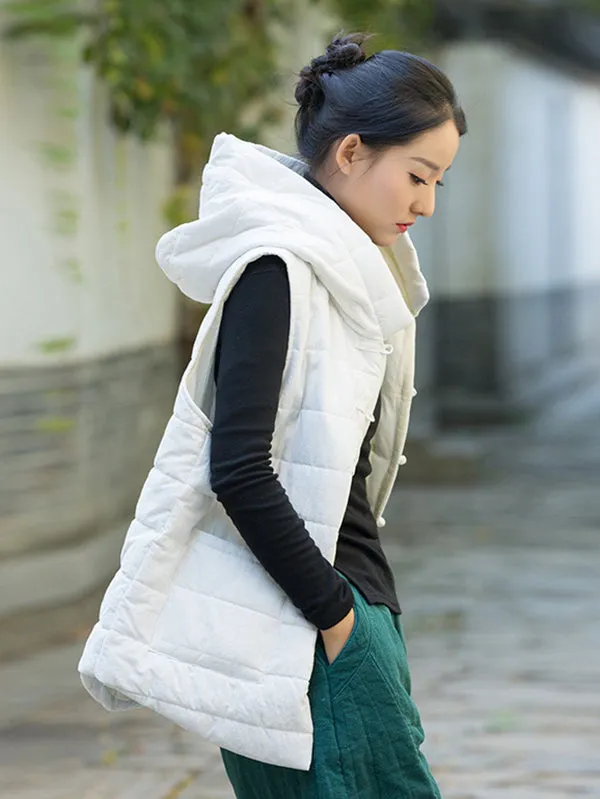 Simple Sleeveless Loose Keep Warm Cotton Quilted Solid Color Hooded Vest Outerwear