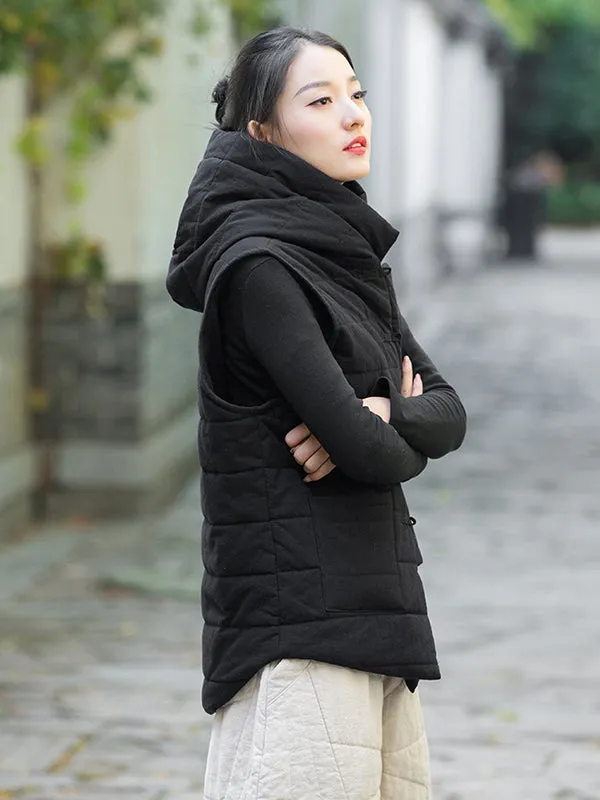 Simple Sleeveless Loose Keep Warm Cotton Quilted Solid Color Hooded Vest Outerwear