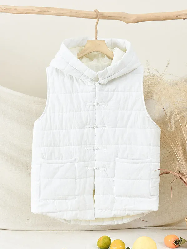 Simple Sleeveless Loose Keep Warm Cotton Quilted Solid Color Hooded Vest Outerwear